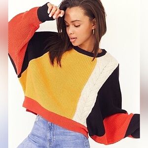 Moon & Madison Sleeve Chunky Colorblock Sweater - Black, Orange, Cream